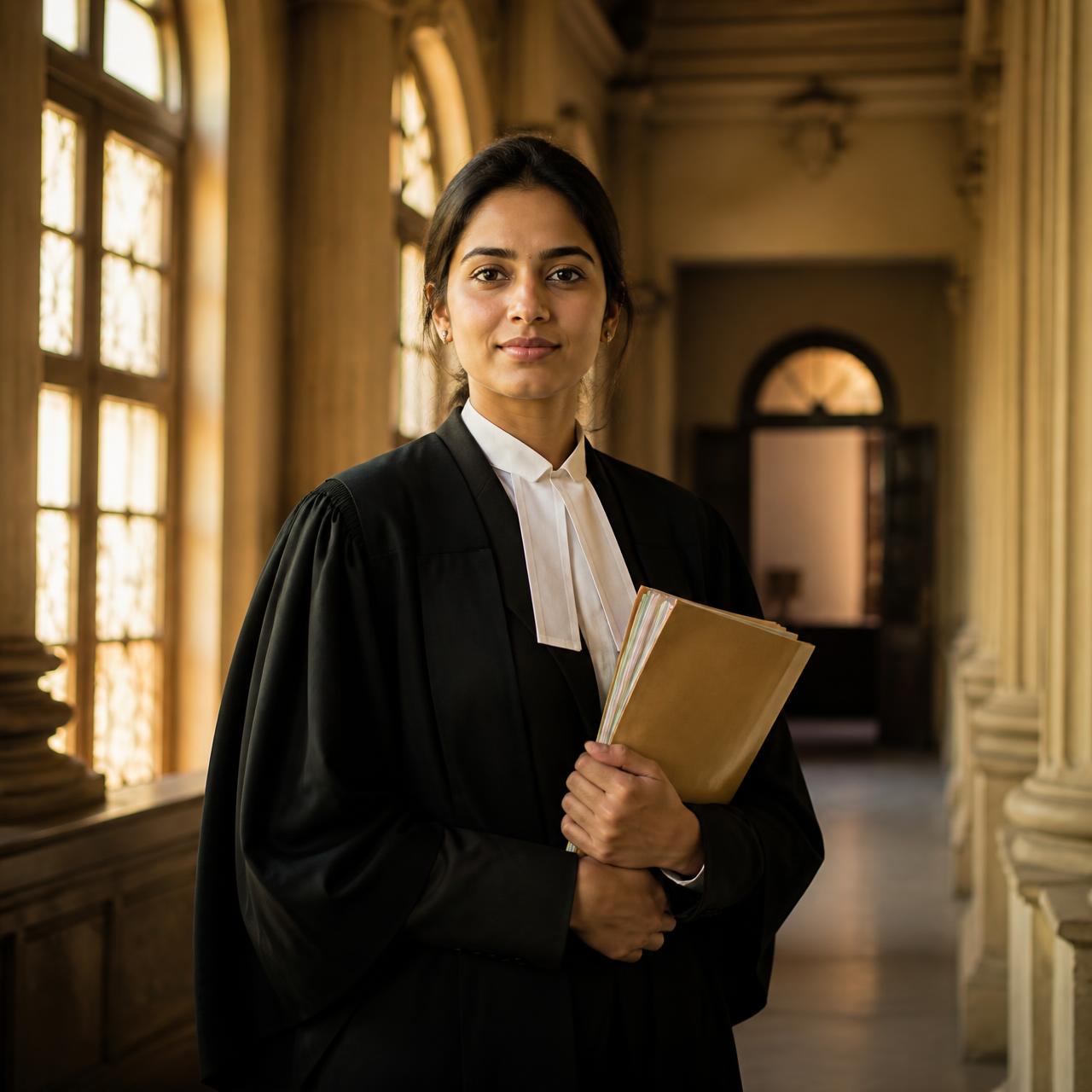 Advocate in court robes inside a courthouse corridor